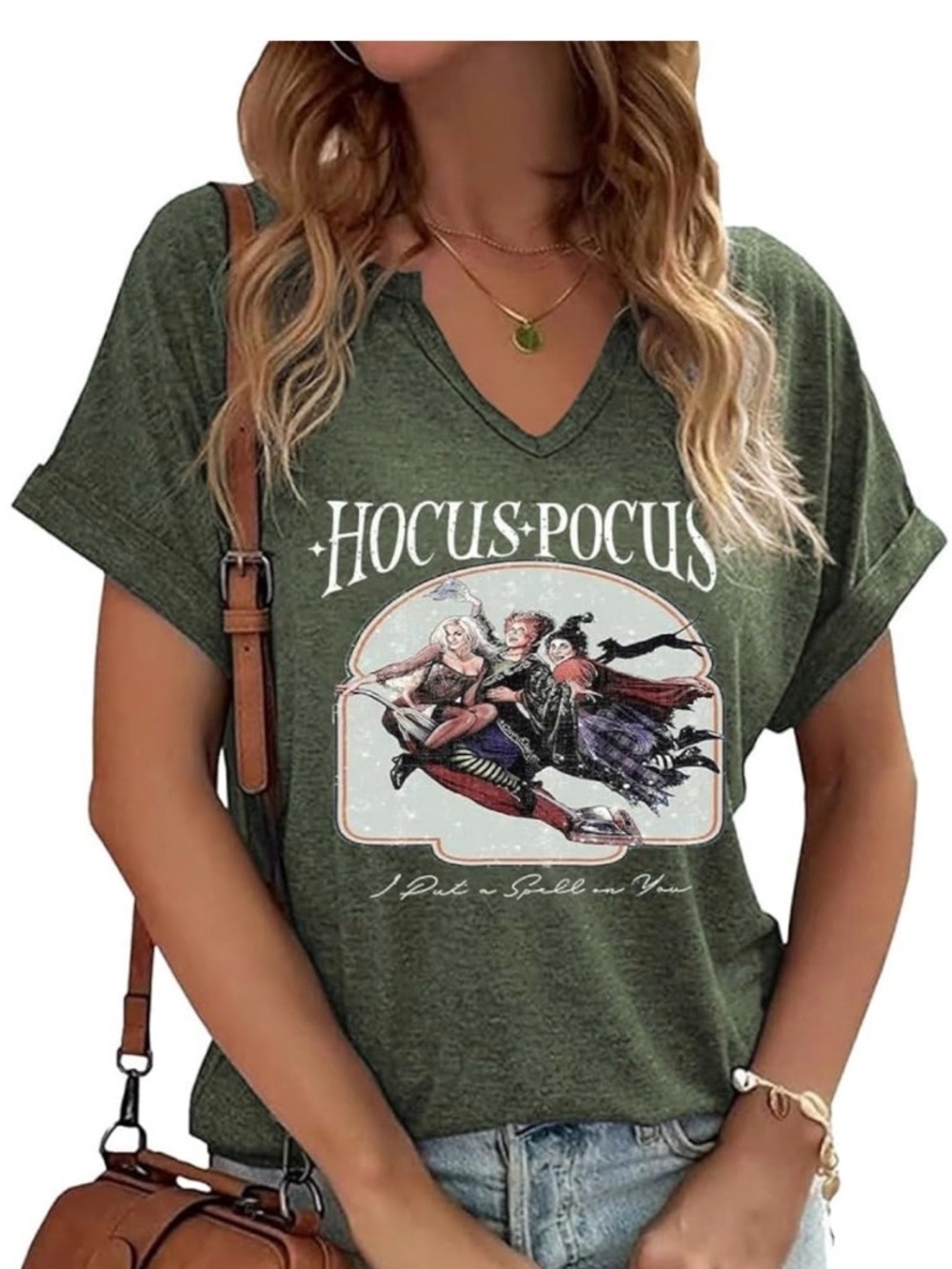 Hocus Pocus Graphic V-Neck Tee Heathered Olive Halloween Shirt XL
